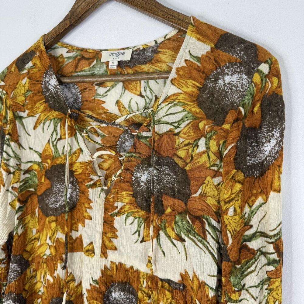 Sunflower Floral Lace Up Top Womens M Umgee Yellow Long Sleeve Tunic Blouse